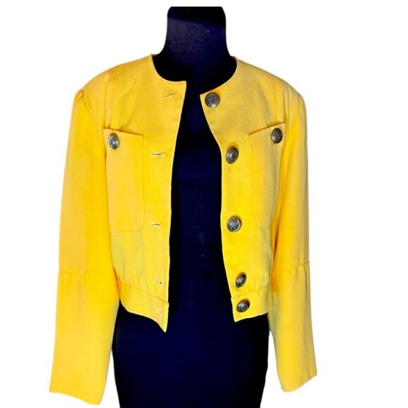 Vtg 90s Bold Shoulder Yellow Cropped Blazer Womens Small Office Statement - Picture 4 of 7